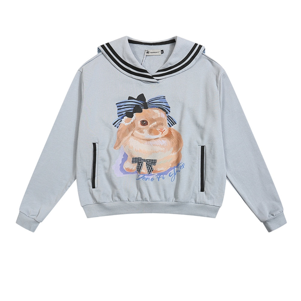 Gray/Light Blue Eli Rabbit Print Campus Sailor Collar Sweatshirt for Autumn