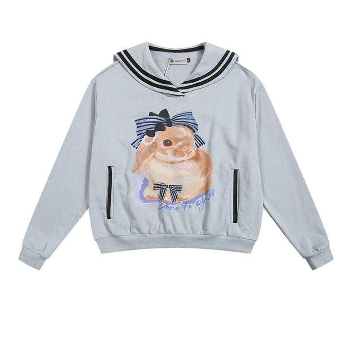 Gray/Light Blue Eli Rabbit Print Campus Sailor Collar Sweatshirt for Autumn