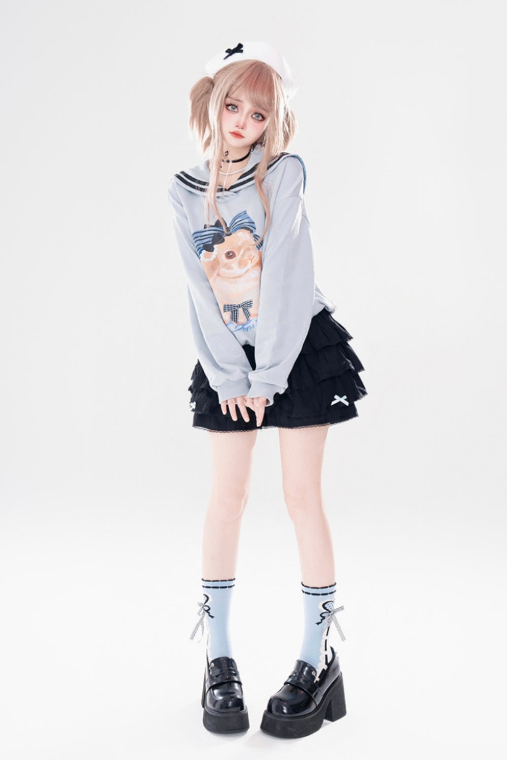 Gray/Light Blue Eli Rabbit Print Campus Sailor Collar Sweatshirt for Autumn