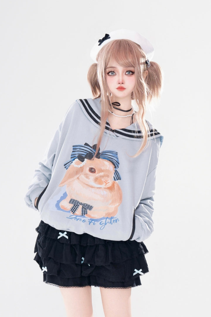 Gray/Light Blue Eli Rabbit Print Campus Sailor Collar Sweatshirt for Autumn