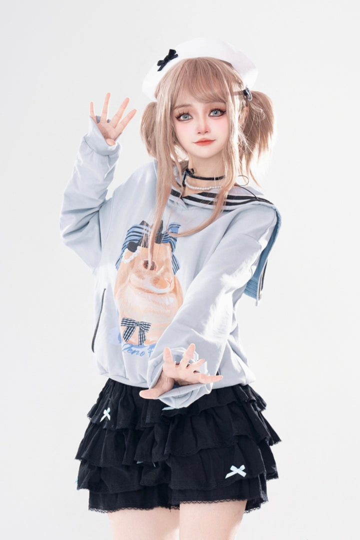 Gray/Light Blue Eli Rabbit Print Campus Sailor Collar Sweatshirt for Autumn