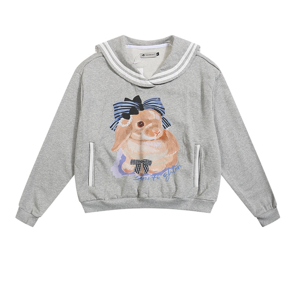 Gray/Light Blue Eli Rabbit Print Campus Sailor Collar Sweatshirt for Autumn