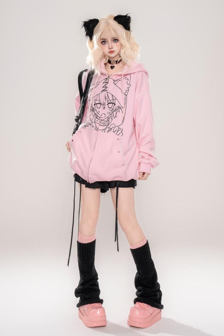 Pink Japanese Punk-style Cat Ear Loose Hooded Sweatshirt