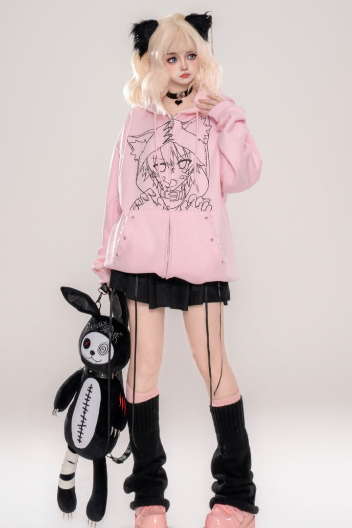 Pink Japanese Punk-style Cat Ear Loose Hooded Sweatshirt