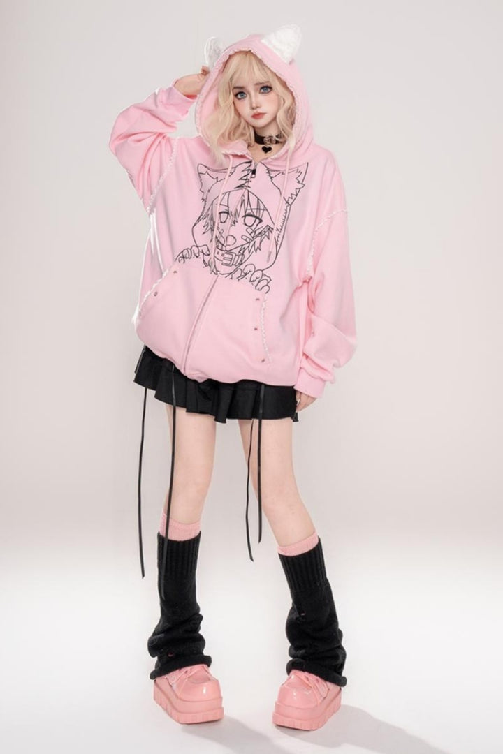 Pink Japanese Punk-style Cat Ear Loose Hooded Sweatshirt