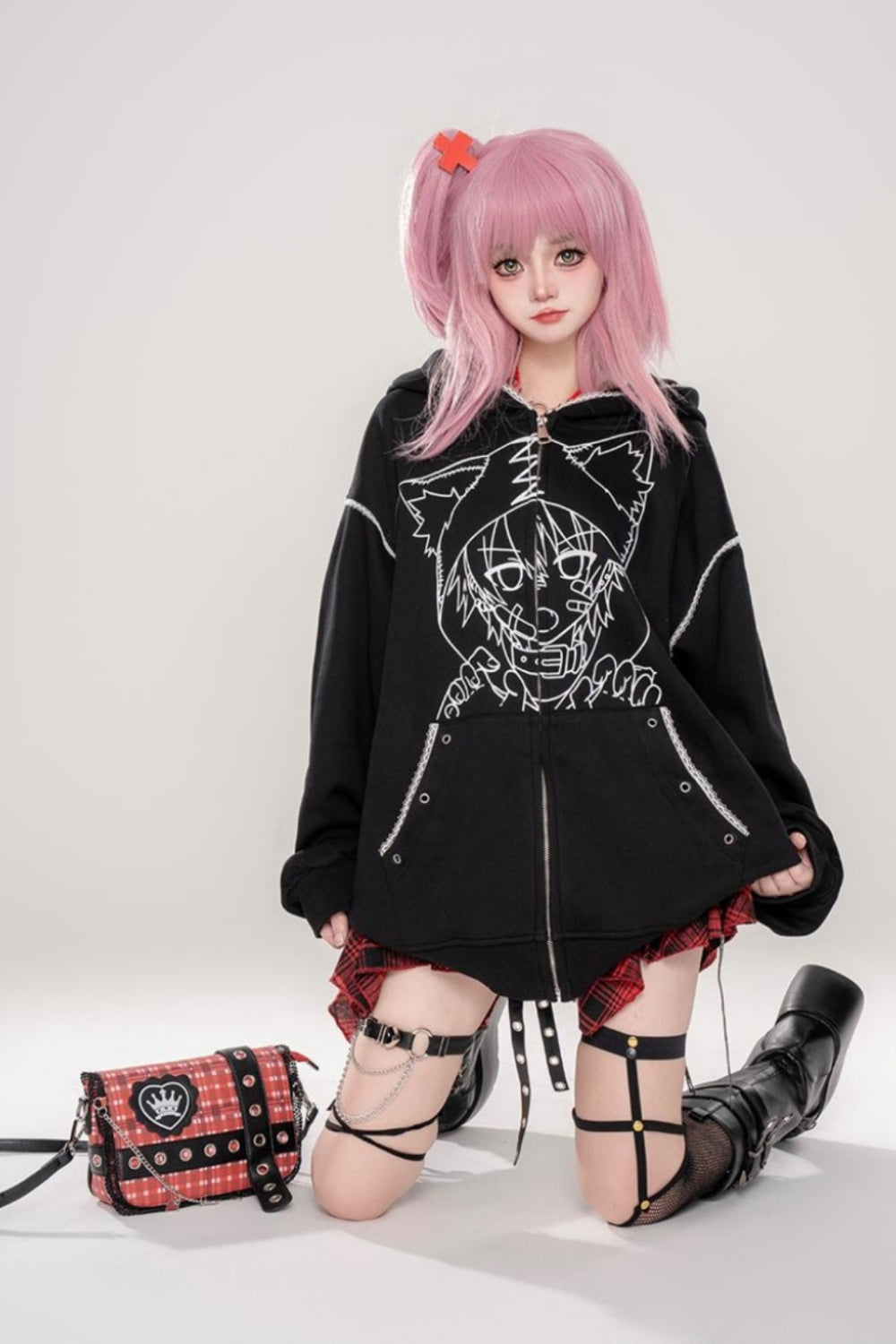 Black Japanese Punk-style Cat Ear Loose Hooded Sweatshirt