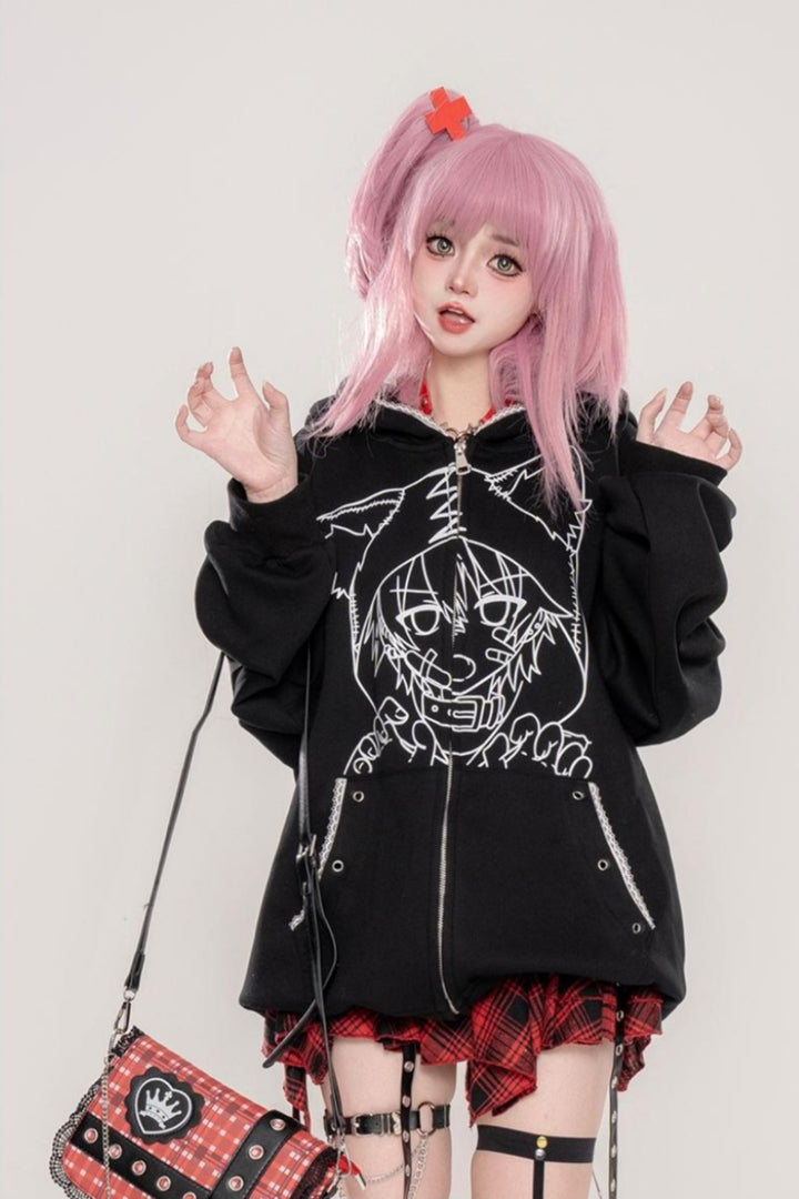 Black Japanese Punk-style Cat Ear Loose Hooded Sweatshirt