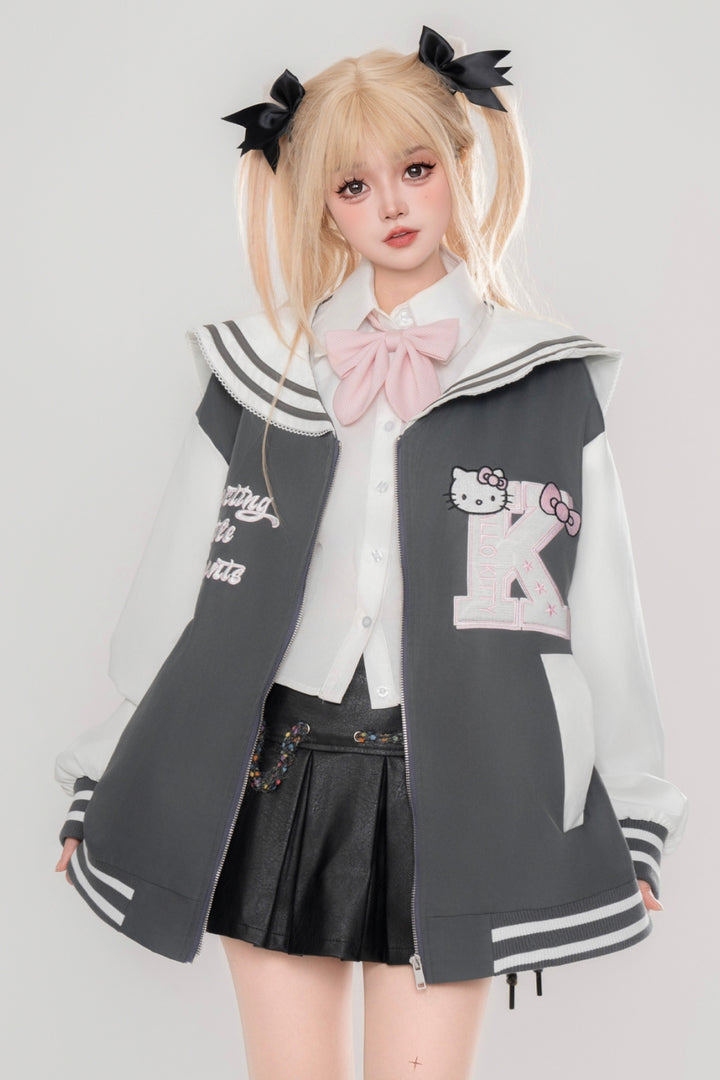 Grey Kitty sailor collar zip-up sweatshirt for spring