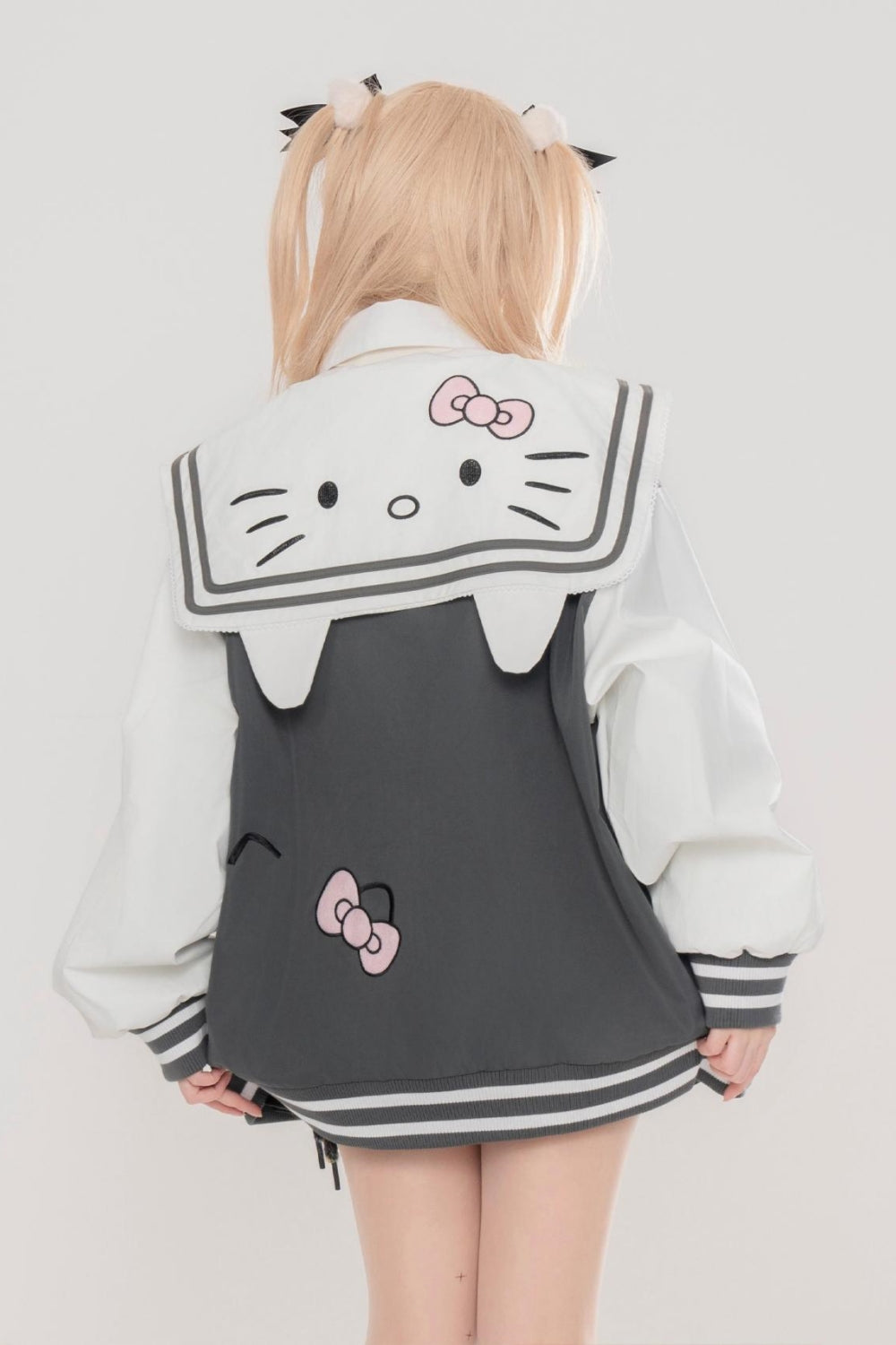 Grey Kitty sailor collar zip-up sweatshirt for spring