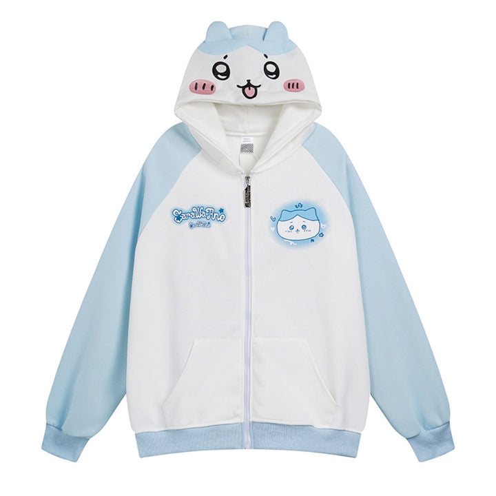 Light Yellow/Blue Cartoon Rabbit Print Loose-Fit Sweatshirt