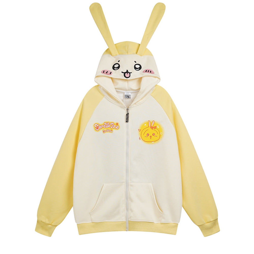 Light Yellow/Blue Cartoon Rabbit Print Loose-Fit Sweatshirt