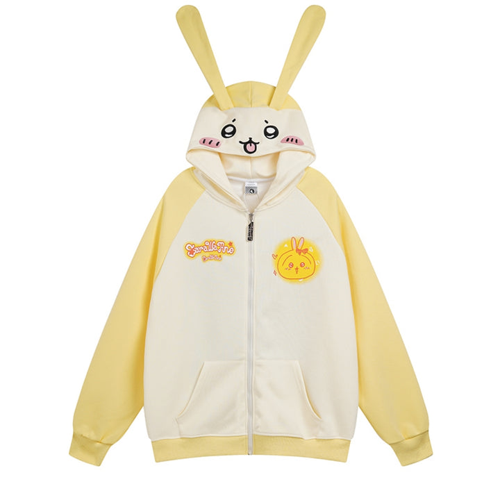 Light Yellow/Blue Cartoon Rabbit Print Loose-Fit Sweatshirt