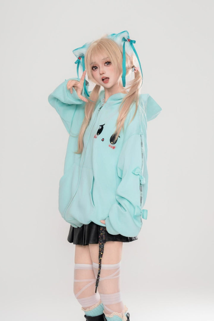 Lake Blue Quirky Extrovert Loose-Fit Hooded Cardigan Sweatshirt