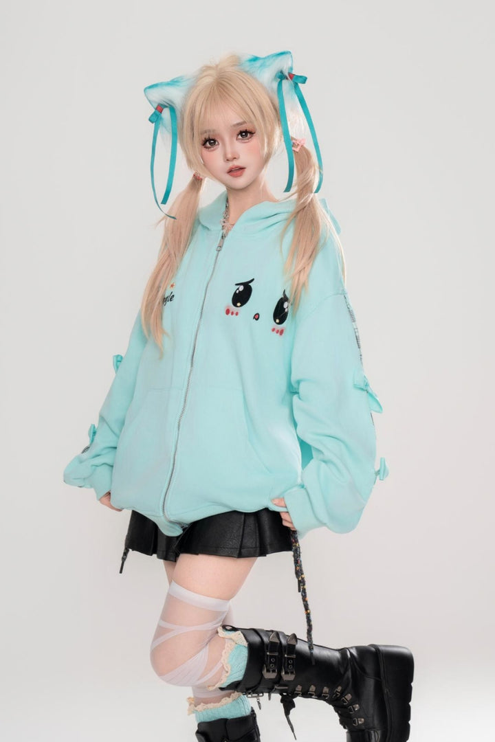 Lake Blue Quirky Extrovert Loose-Fit Hooded Cardigan Sweatshirt