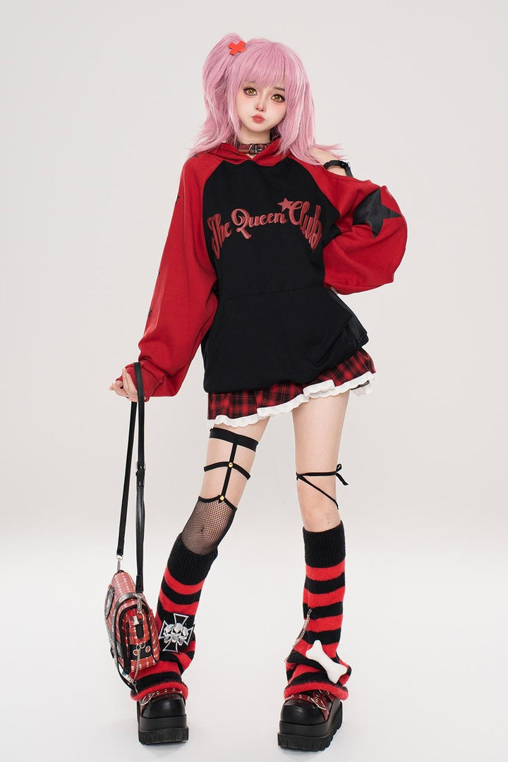 Red/Black Rock-Style Off-Shoulder Loose-Fit Hooded Sweatshirt for Spring and Autumn