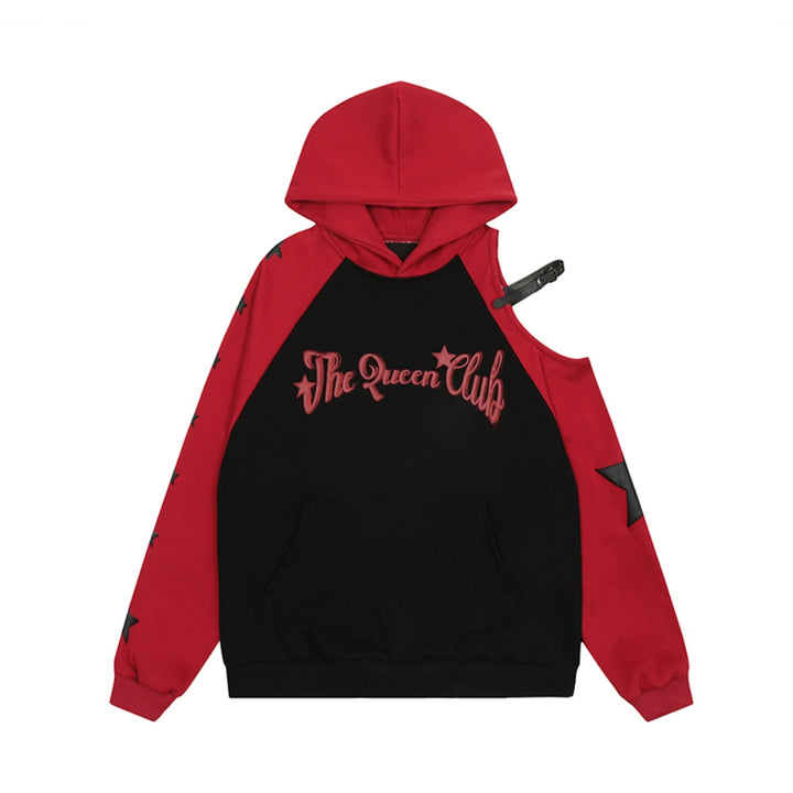 Red/Black Rock-Style Off-Shoulder Loose-Fit Hooded Sweatshirt for Spring and Autumn