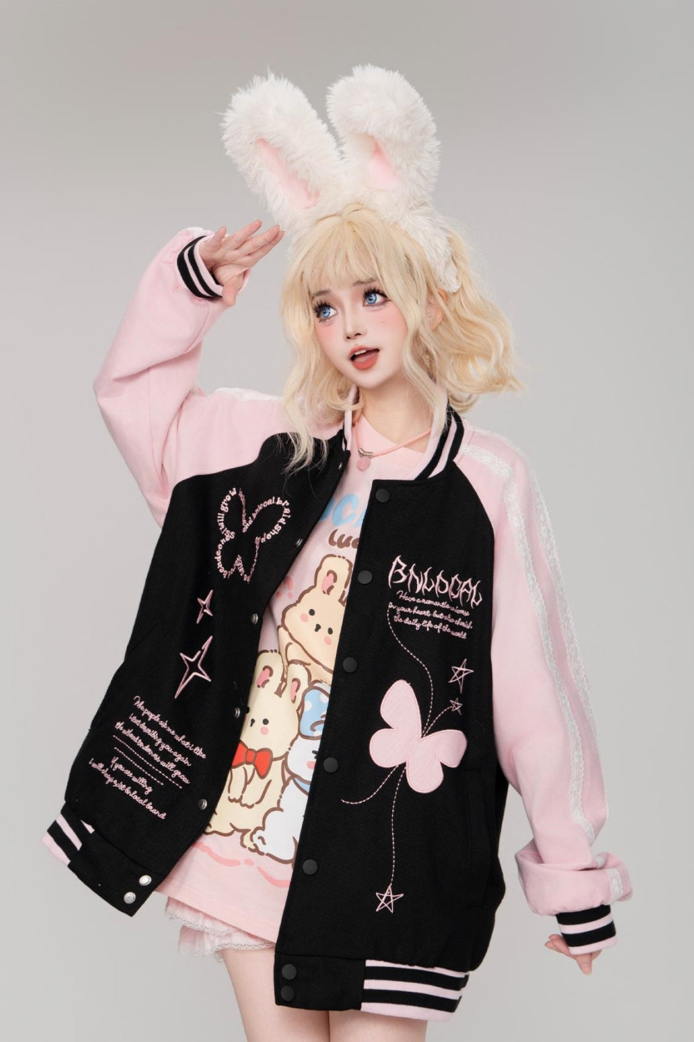 Pink Sweet Style Butterfly Embroidery Color-Block Loose-Fit Baseball Jacket