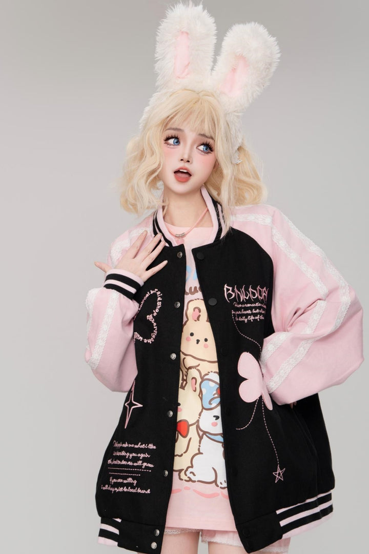 Pink Sweet Style Butterfly Embroidery Color-Block Loose-Fit Baseball Jacket