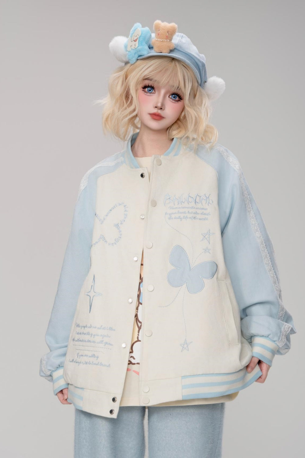 Light Blue Sweet Style Butterfly Embroidery Color-Block Loose-Fit Baseball Jacket