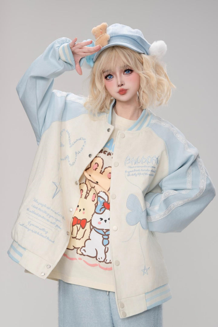 Light Blue Sweet Style Butterfly Embroidery Color-Block Loose-Fit Baseball Jacket