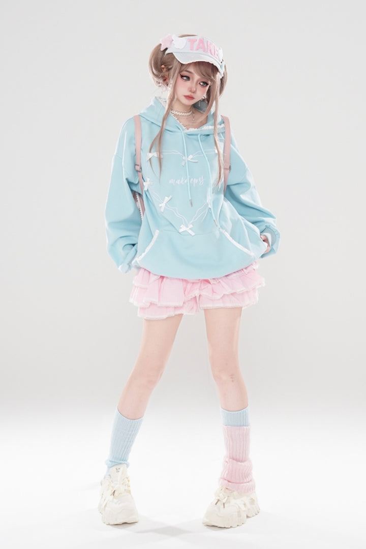 Light Blue Cute Bow-Decorated Hooded Sweatshirt for Spring/Autumn