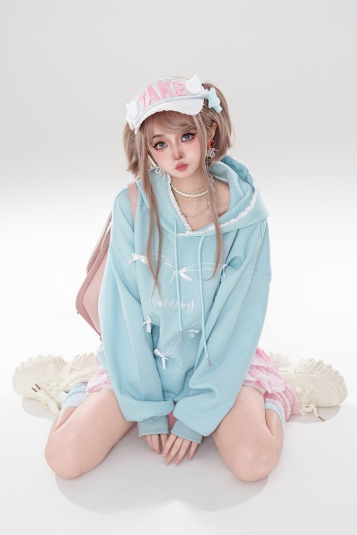 Light Blue Cute Bow-Decorated Hooded Sweatshirt for Spring/Autumn