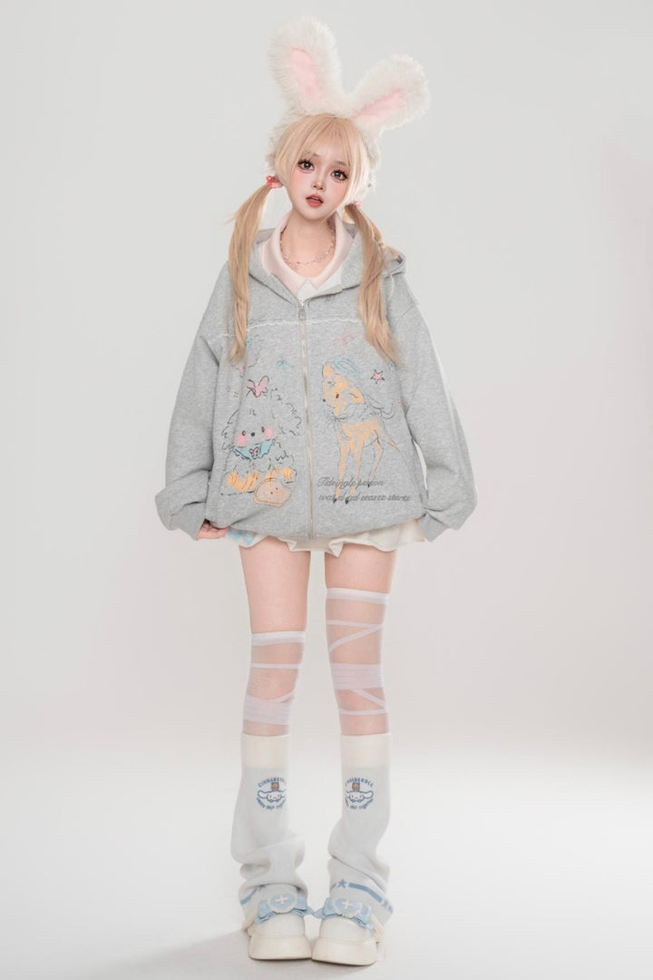 Gray Deer and Rabbit Print Sweet Style Loose-Fit Sweatshirt for Spring / Autumn