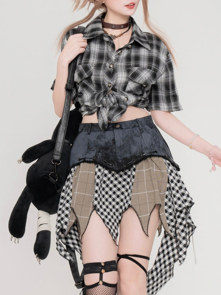 American-Style Hot Girl Plaid Patchwork Ribbon Denim Skirt
