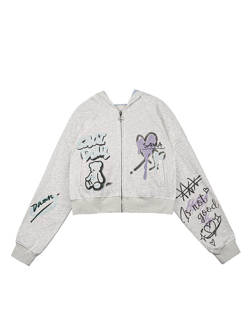 Graffiti Print Zip-Up Hoodie