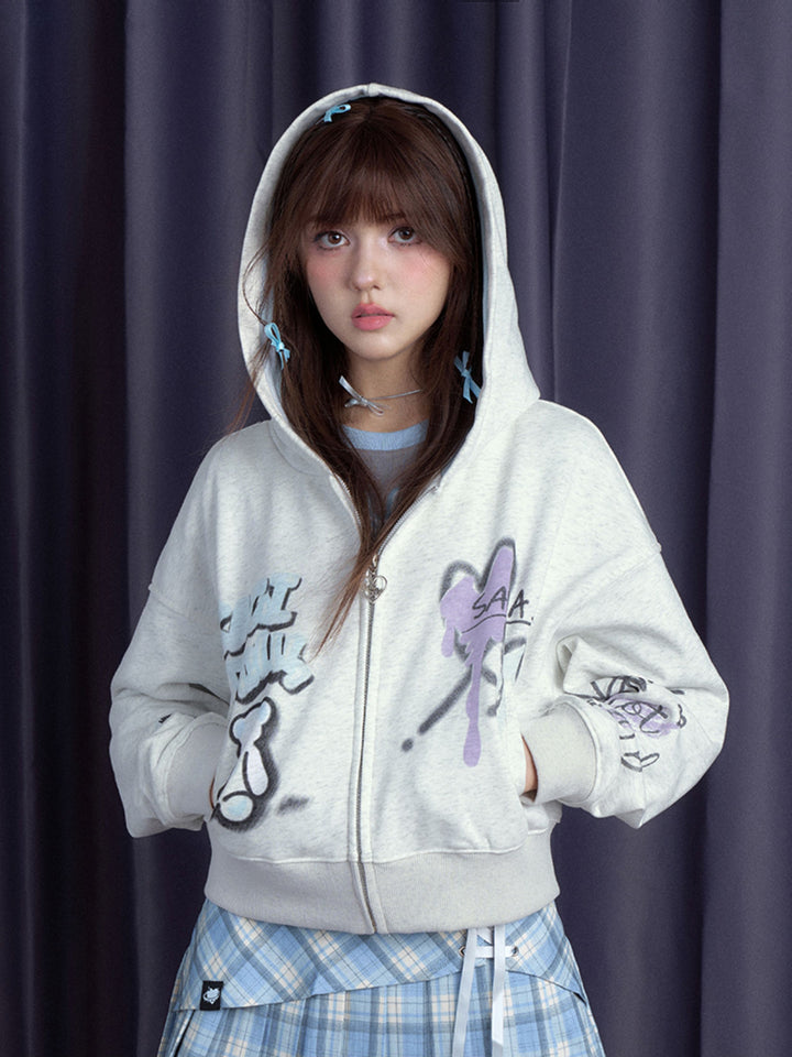 Graffiti Print Zip-Up Hoodie