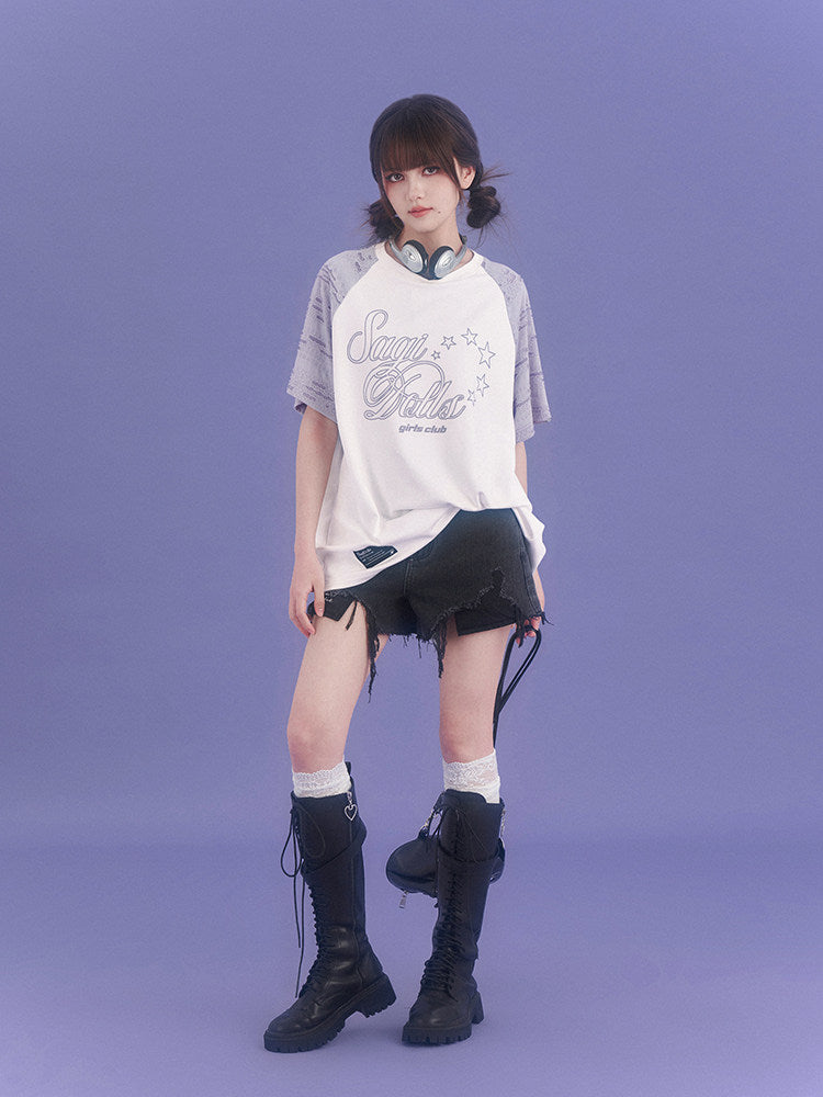 Star Script Distressed Raglan T-Shirt
