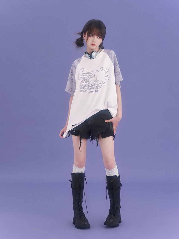 Star Script Distressed Raglan T-Shirt