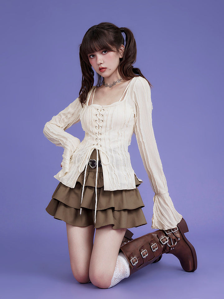 Textured Lace-Up Bell Sleeve Blouse