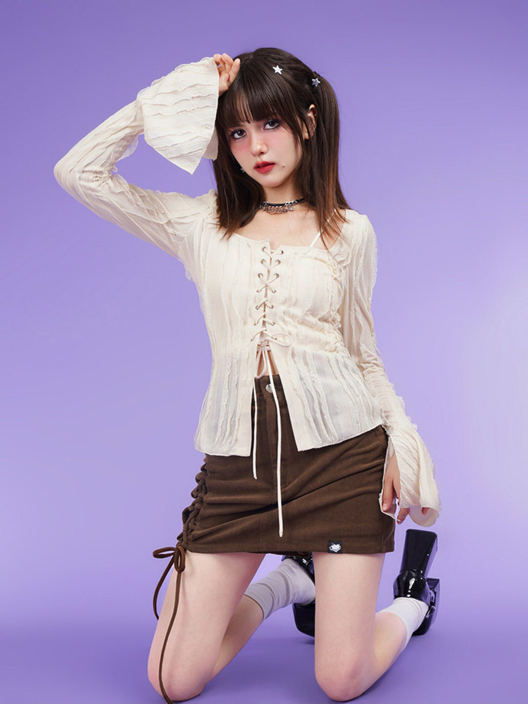 Textured Lace-Up Bell Sleeve Blouse