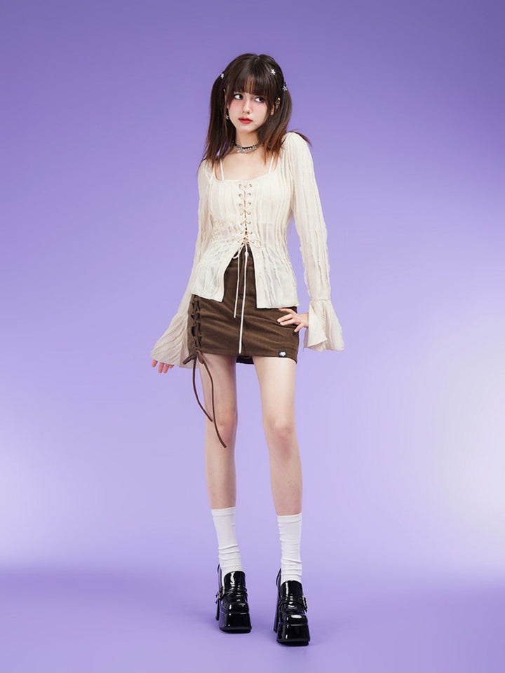 Textured Lace-Up Bell Sleeve Blouse
