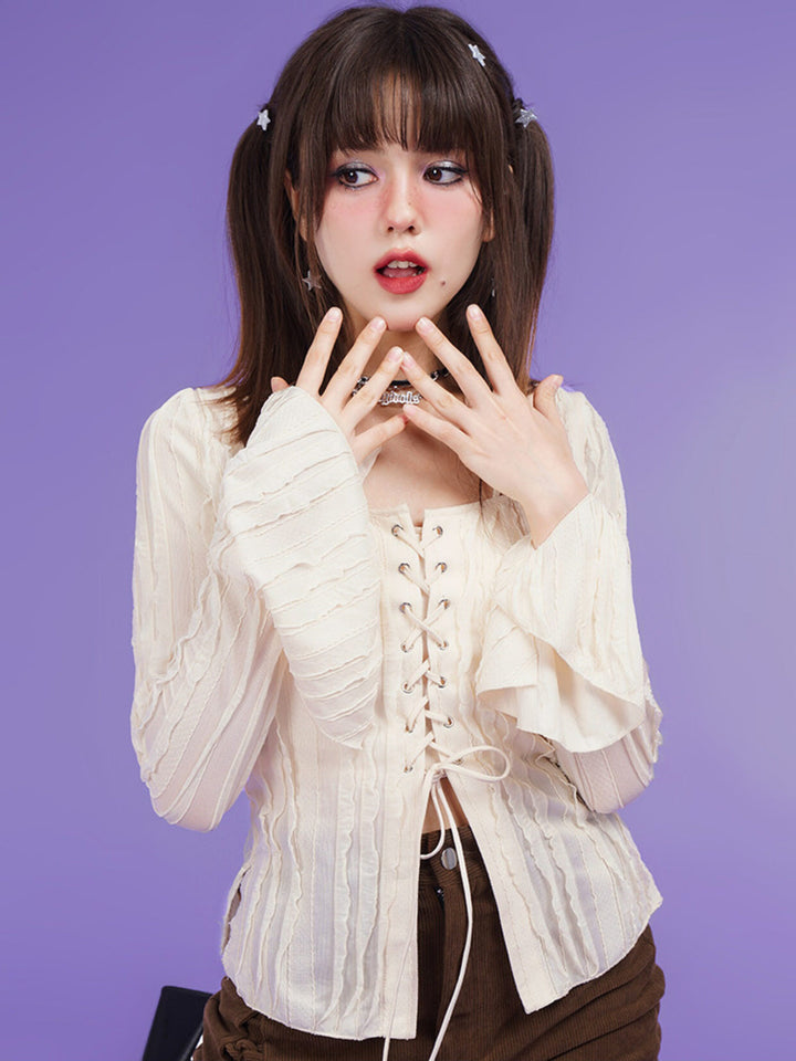 Textured Lace-Up Bell Sleeve Blouse