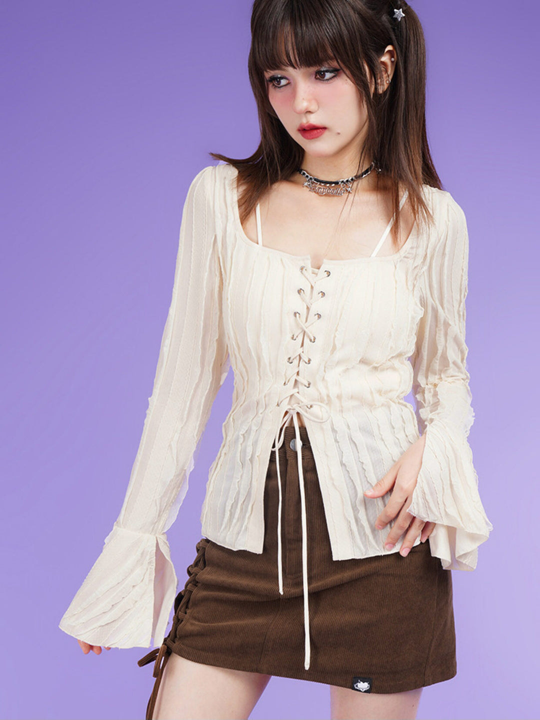 Textured Lace-Up Bell Sleeve Blouse