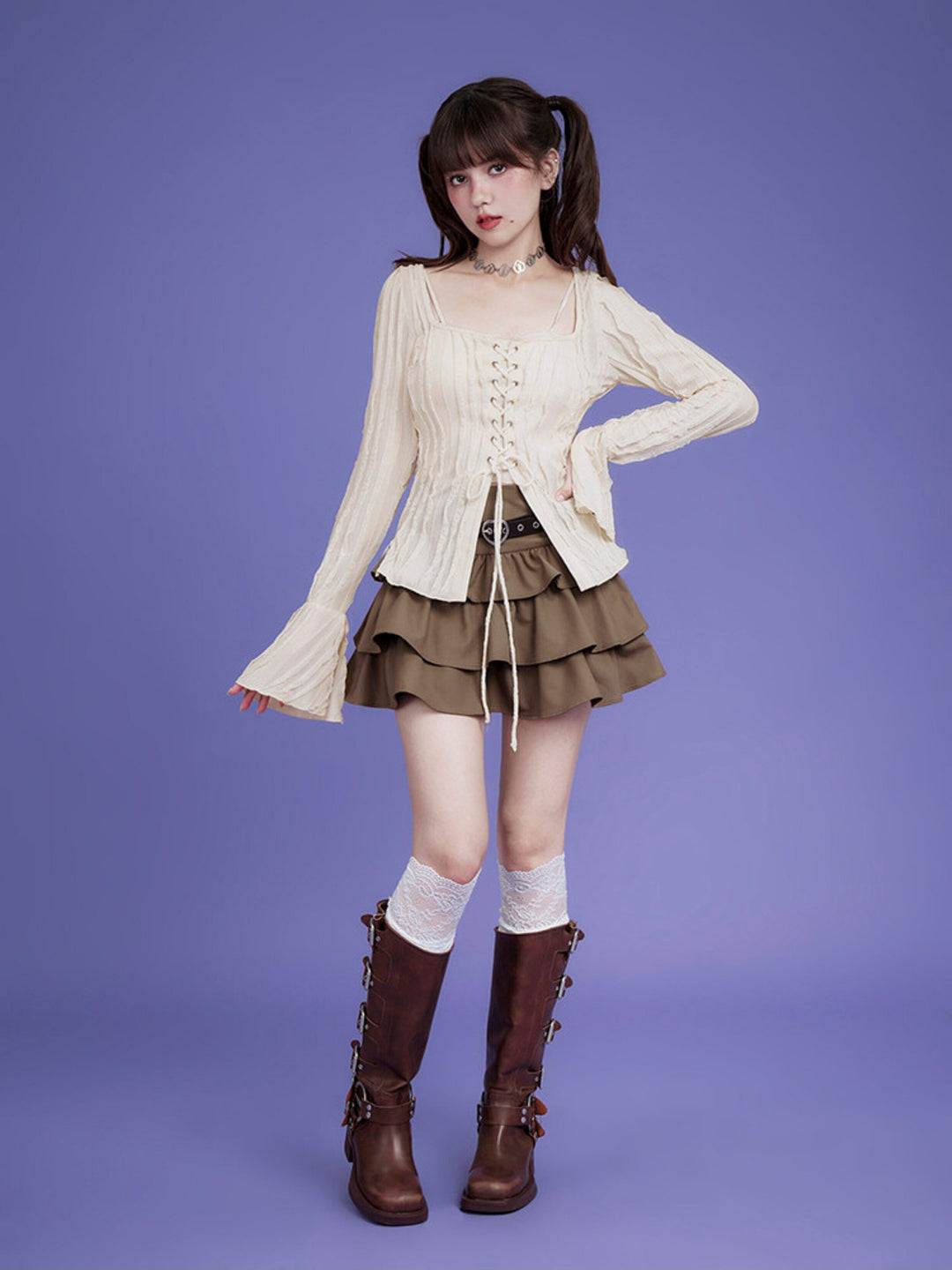 Textured Lace-Up Bell Sleeve Blouse