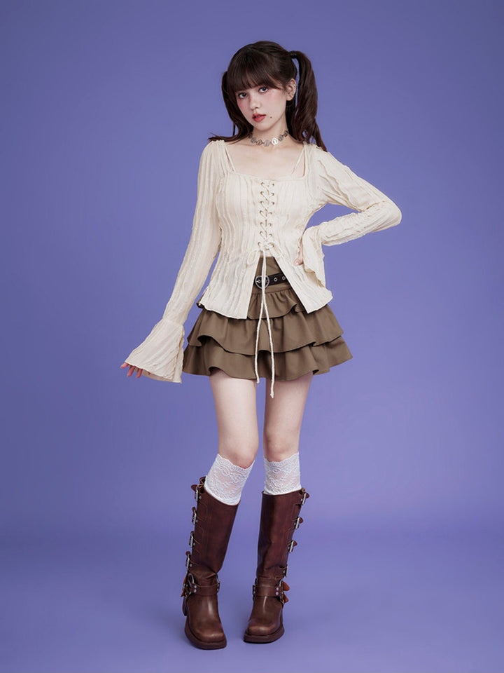 Textured Lace-Up Bell Sleeve Blouse