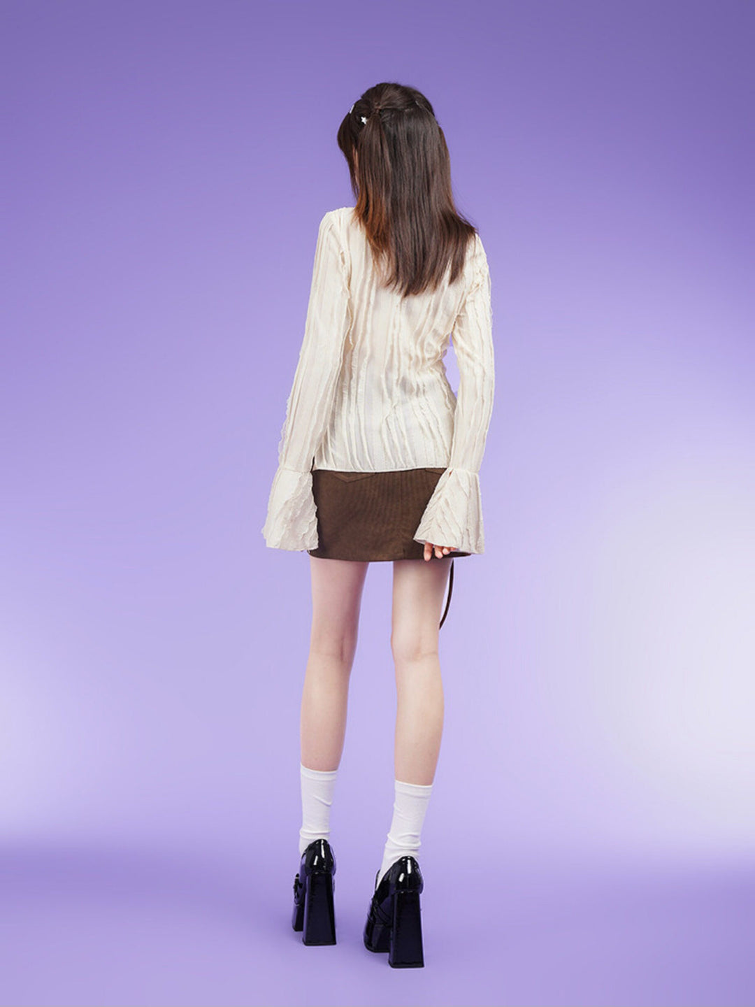 Textured Lace-Up Bell Sleeve Blouse