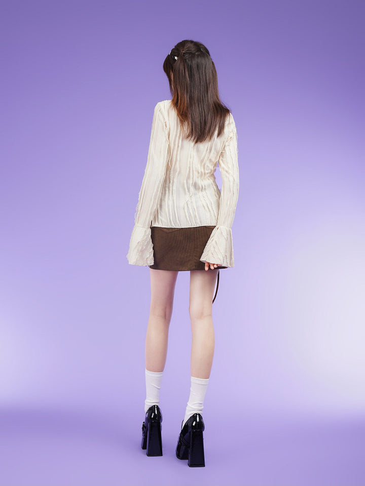 Textured Lace-Up Bell Sleeve Blouse
