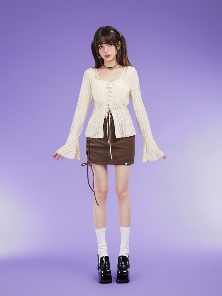 Textured Lace-Up Bell Sleeve Blouse