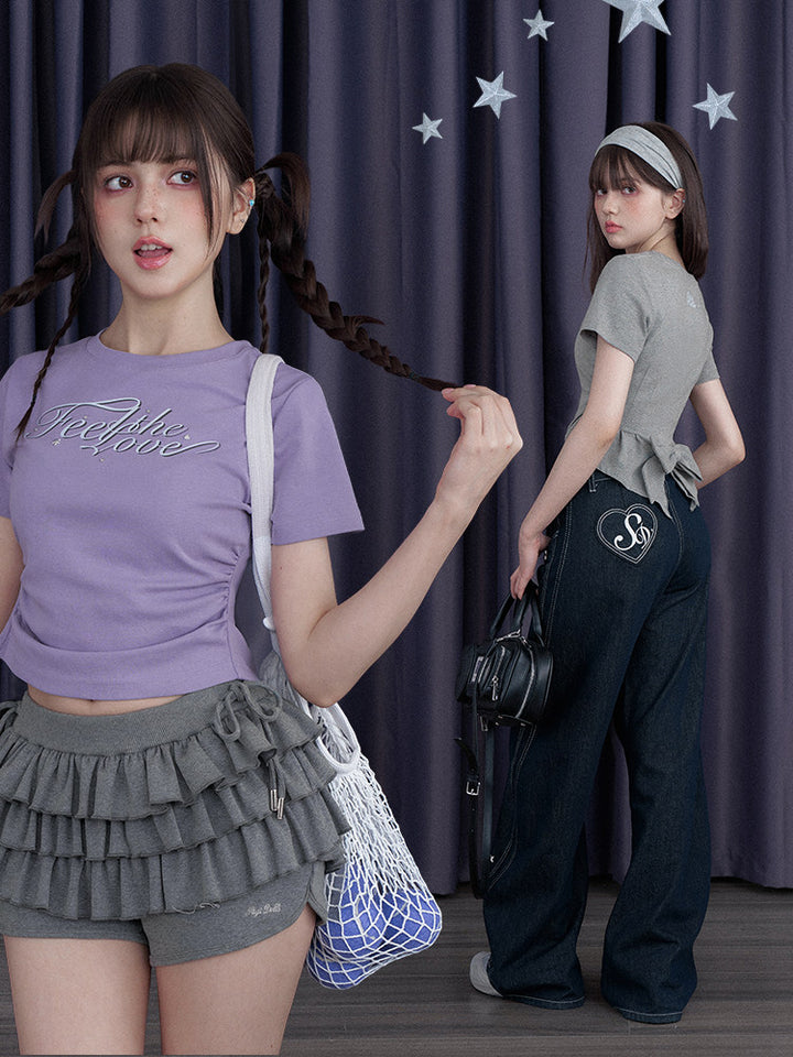 Bow Back Ruched Script Graphic Baby Tee