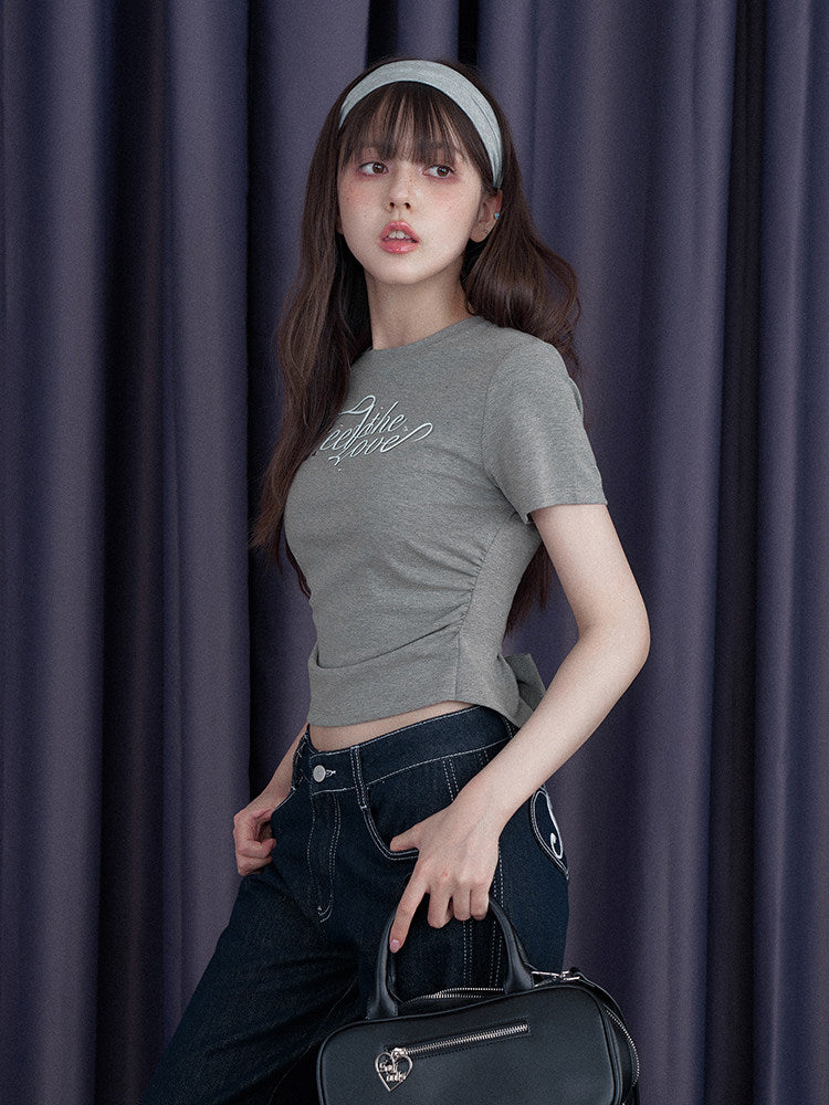 Bow Back Ruched Script Graphic Baby Tee
