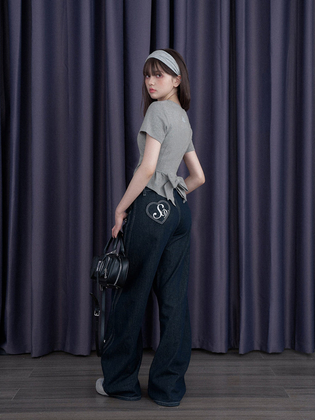 Bow Back Ruched Script Graphic Baby Tee