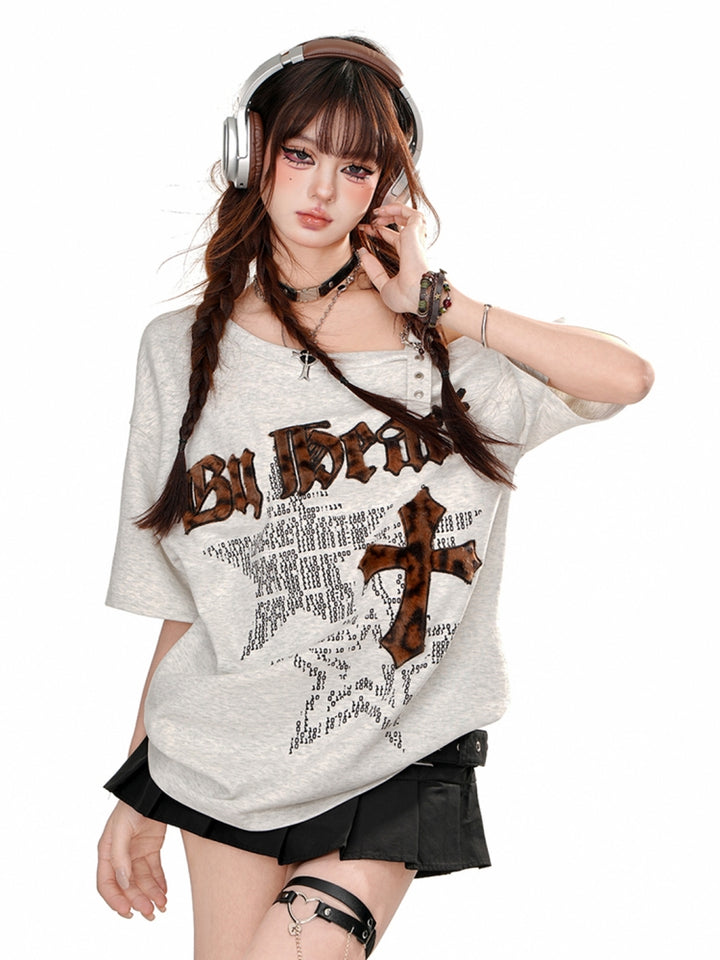Vintage Gray Loose Fit Off-Shoulder Embroidered Leopard Print T-Shirt for Summer