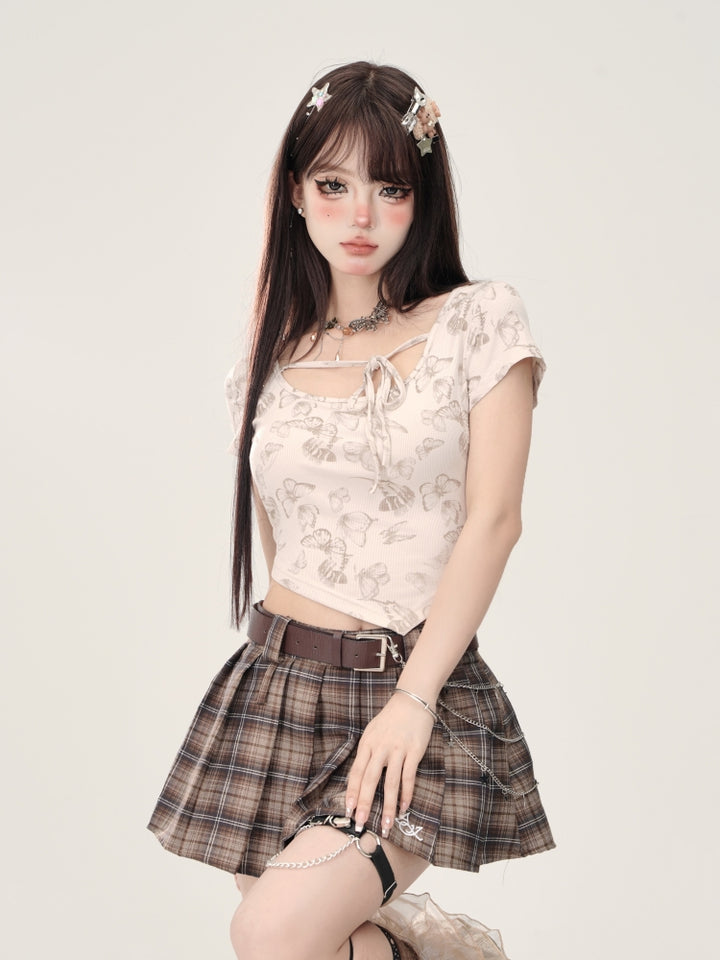 Vintage Butterfly Print Apricot Straight-Shoulder Short-Sleeve T-Shirt for Summer