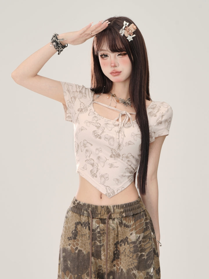 Vintage Butterfly Print Apricot Straight-Shoulder Short-Sleeve T-Shirt for Summer
