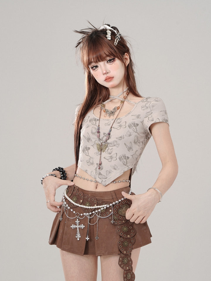 Vintage Butterfly Print Gray Straight-Shoulder Short-Sleeve T-Shirt for Summer