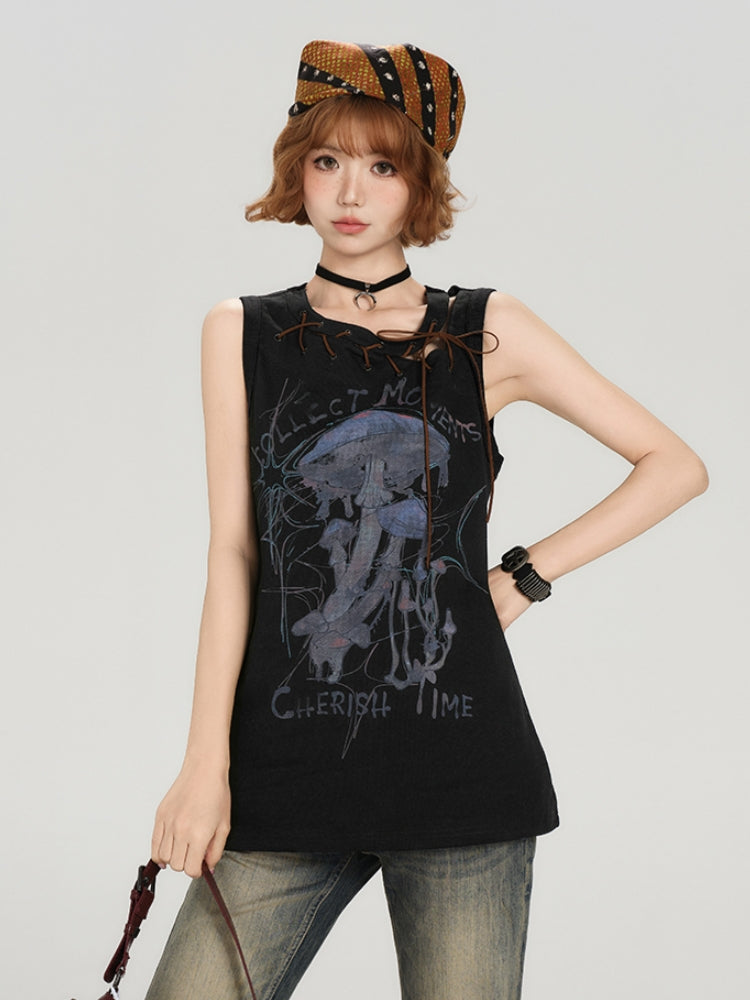 Cool Girl Street Look Vintage Sleeveless Black Tee